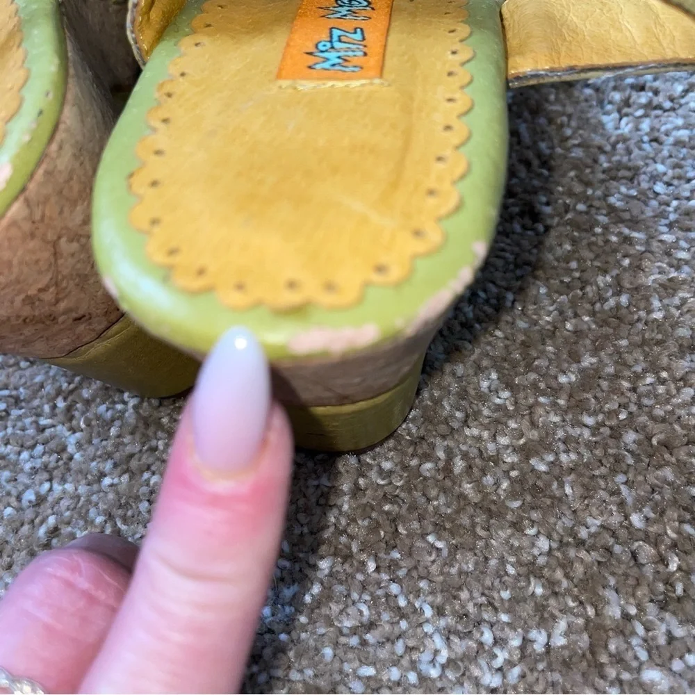 Mizz Mooz wedge sandals green & yellow ankle strap open toe SZ 39 US 8 70's